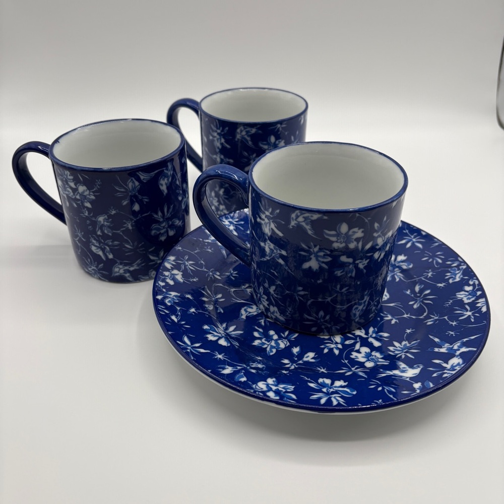 April Cornell 3 Cobalt Blue/White Mugs with One 8 inch Coordinating Plate